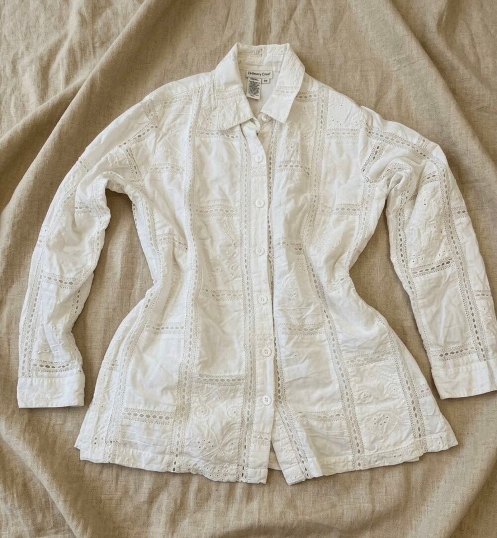 Coldwater Creek Cottagecore White Eyelet Lace Patchwork Embroidered Button Down